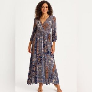 NWT Kate and Lily Elegant Blue and Brown Paisley Maxi Dress